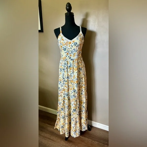 JOIE Floral cotton tiered Maxi Dress yellow & gray boho coastal cowgirl Sz 6 EUC - Picture 13 of 16